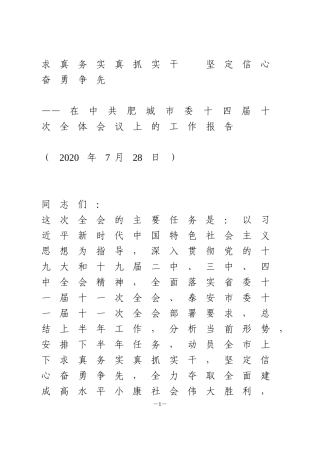 在中共肥城市委十四届十次全体会议上的工作报告