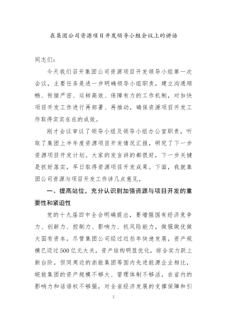 在资源项目开发领导小组会议上的讲话