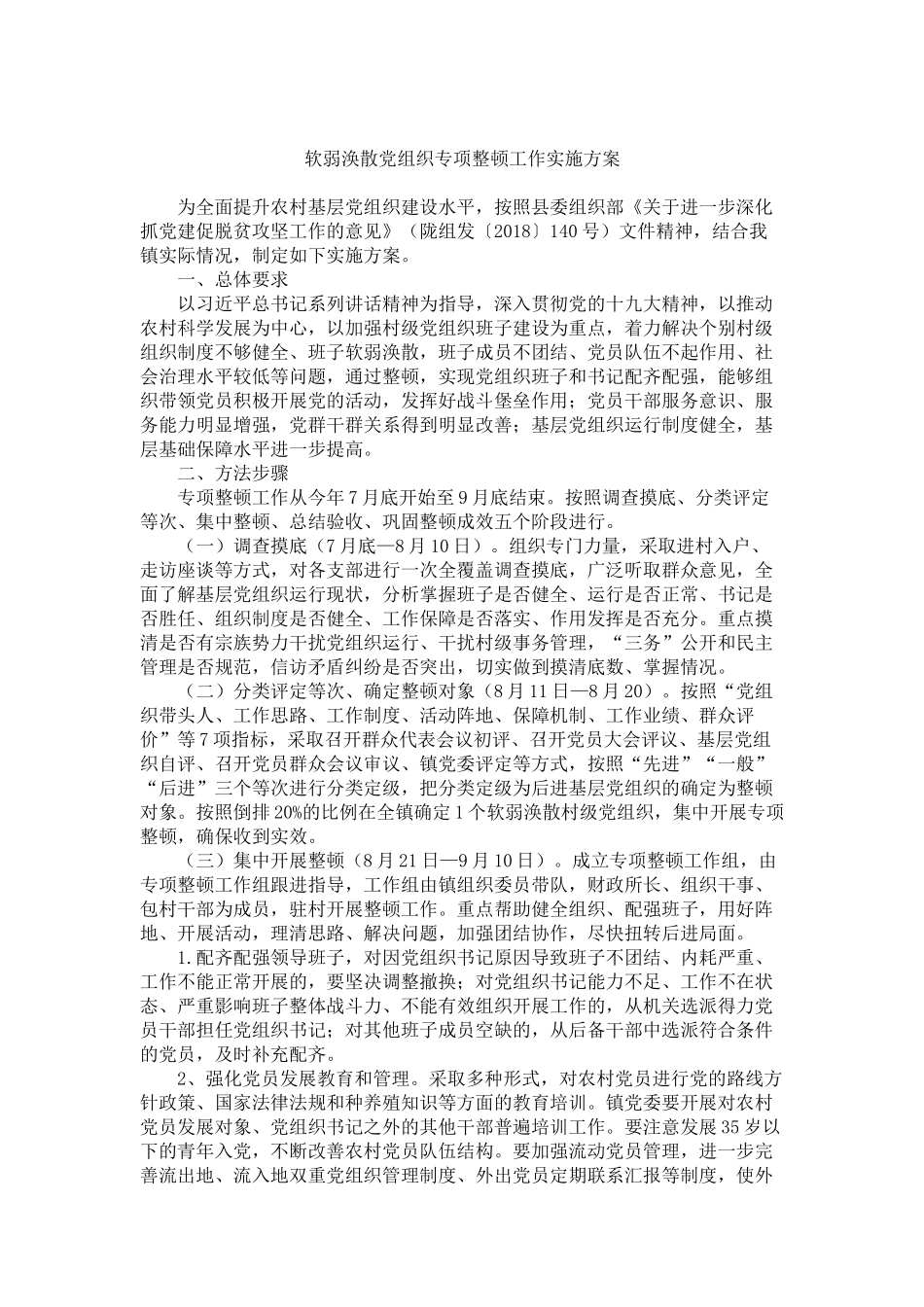 整治软弱涣散方案（2篇）_第1页
