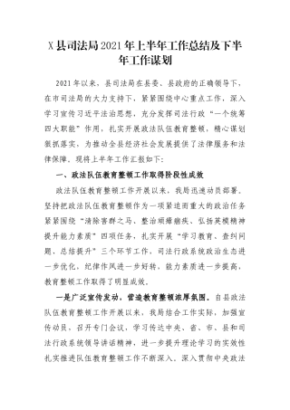 X县司法局2021年上半年工作总结及下半年工作谋划
