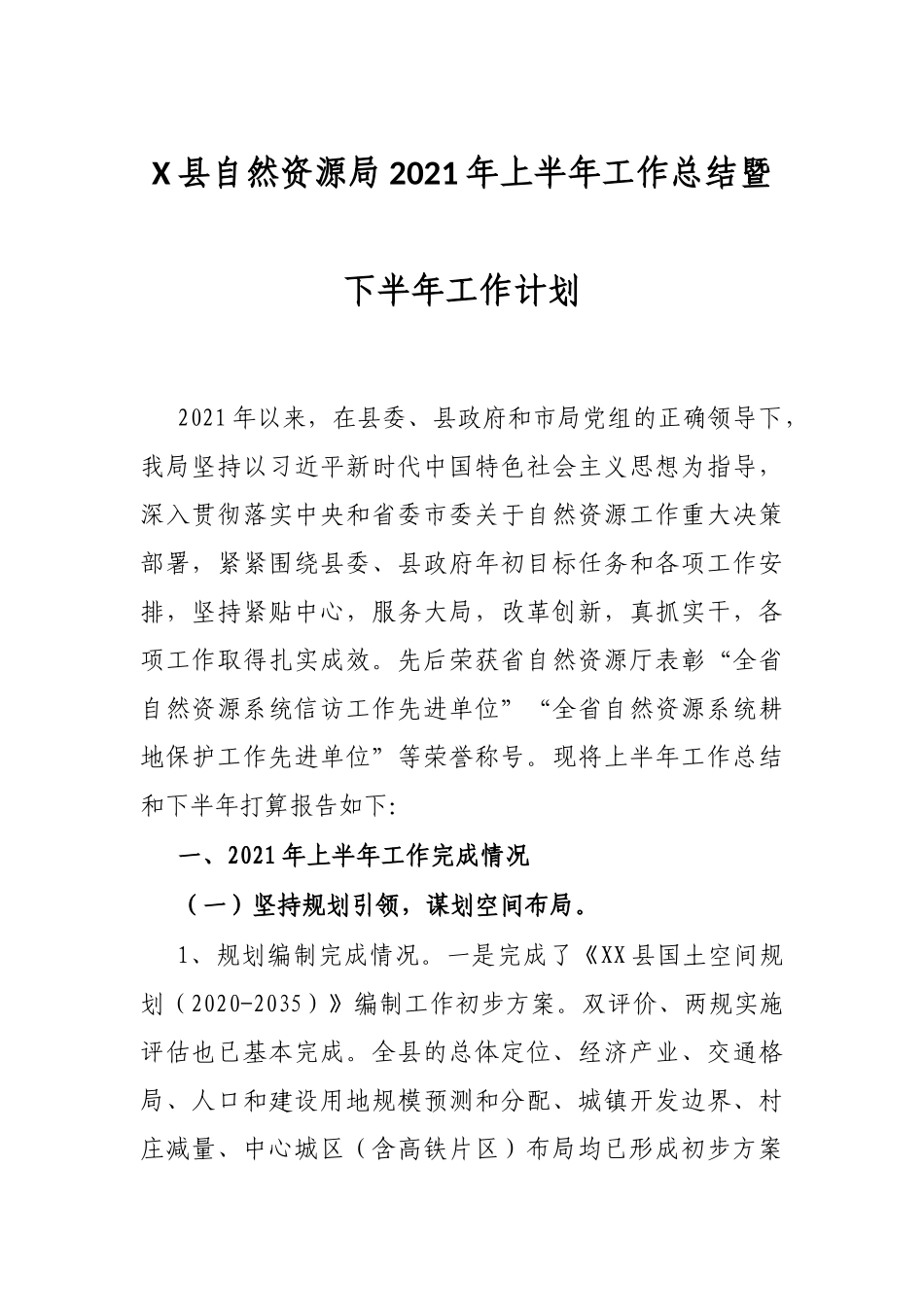 X县自然资源局2021年上半年工作总结暨下半年工作计划_第1页