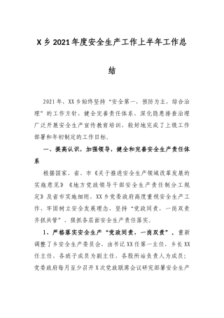 X乡2021年度安全生产工作上半年工作总结