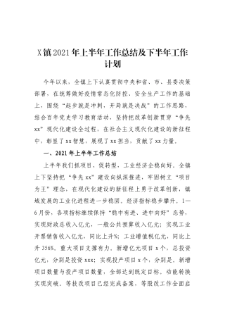 X镇2021年上半年工作总结及下半年工作计划