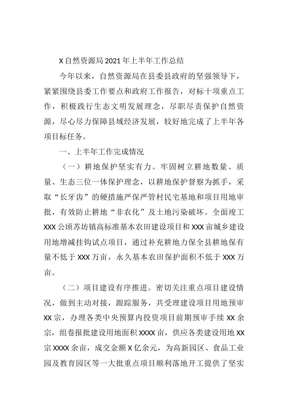 X自然资源局2021年上半年工作总结_第1页