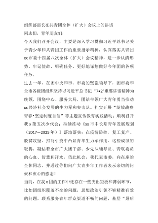 X组织部部长在共青团全体（扩大）会议上的讲话