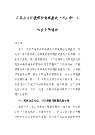 2021年在县生态环境保护督察整改“回头看”工作会上的讲话