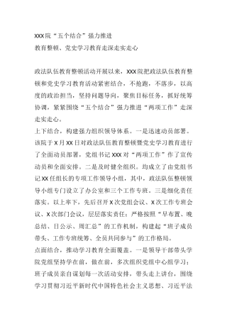 XXX院“五个结合”强力推进教育整顿、党史学习教育走深走实走心