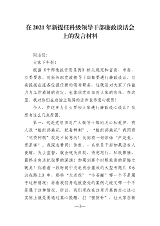 党办：在2021年新提任科级领导干部廉政谈话会上的发言材料