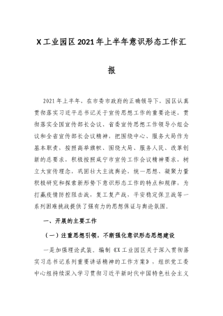 X工业园区2021年上半年意识形态工作汇报
