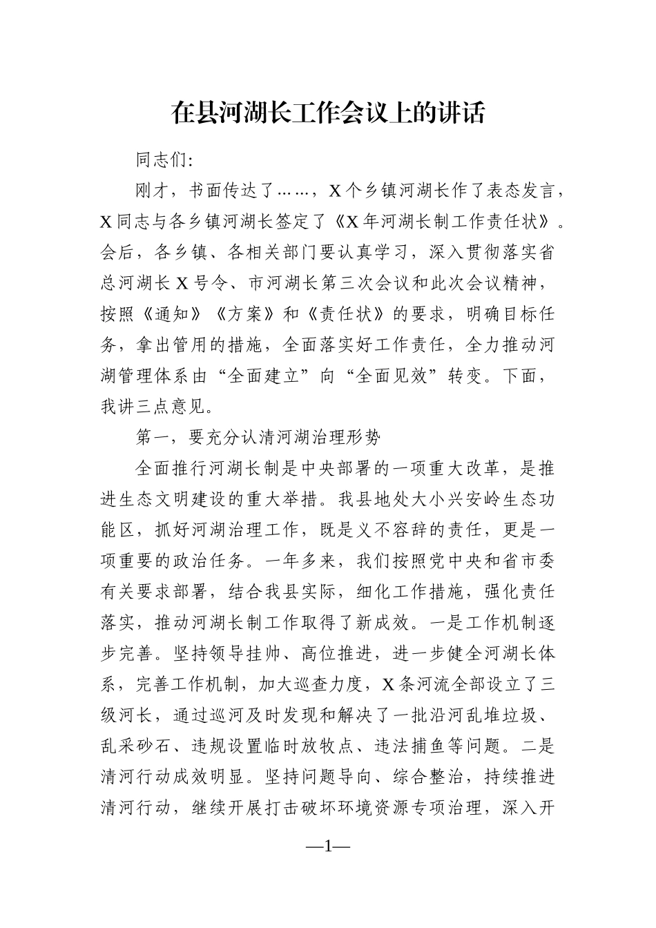 党办：在县河湖长工作会议上的讲话 市委领导_第1页