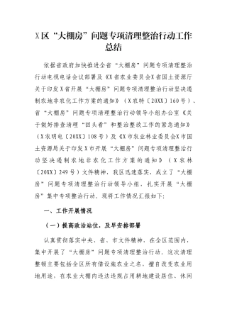 X区“大棚房”问题专项清理整治行动工作总结