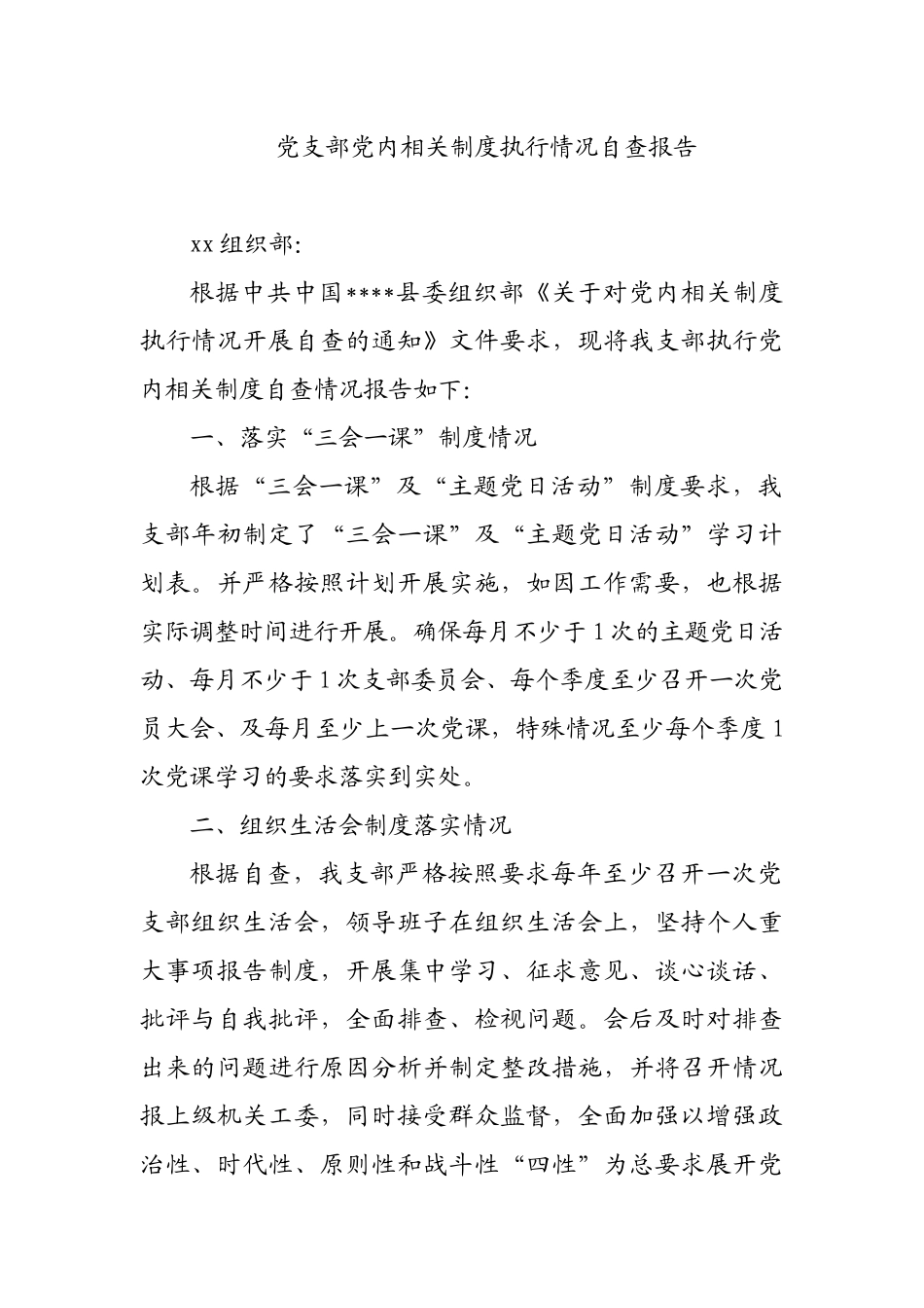 党支部党内相关制度执行情况自查报告_第1页