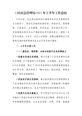 X区应急管理局2021年上半年工作总结