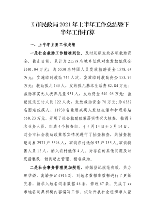 X市民政局2021年上半年工作总结暨下半年工作打算