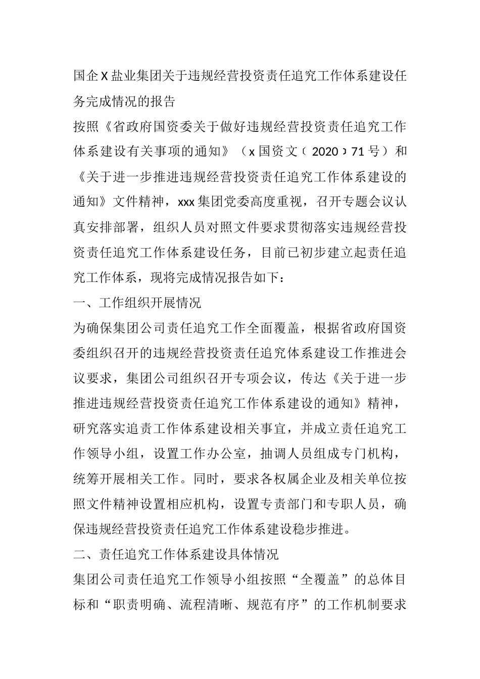 国企X盐业集团关于违规经营投资责任追究工作体系建设任务完成情况的报告_第1页
