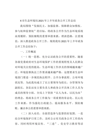 X市生态环境局2021年上半年政务公开工作总结
