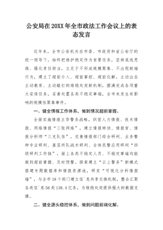 公安局在20XX年全市政法工作会议上的表态发言