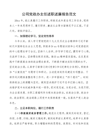 公司党政办主任述职述廉报告范文