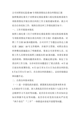 公司对照省纪监委XX专项检查情况自查自纠情况汇报
