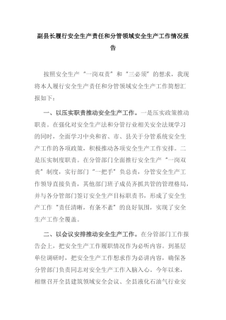副县长履行安全生产责任和分管领域安全生产工作情况报告