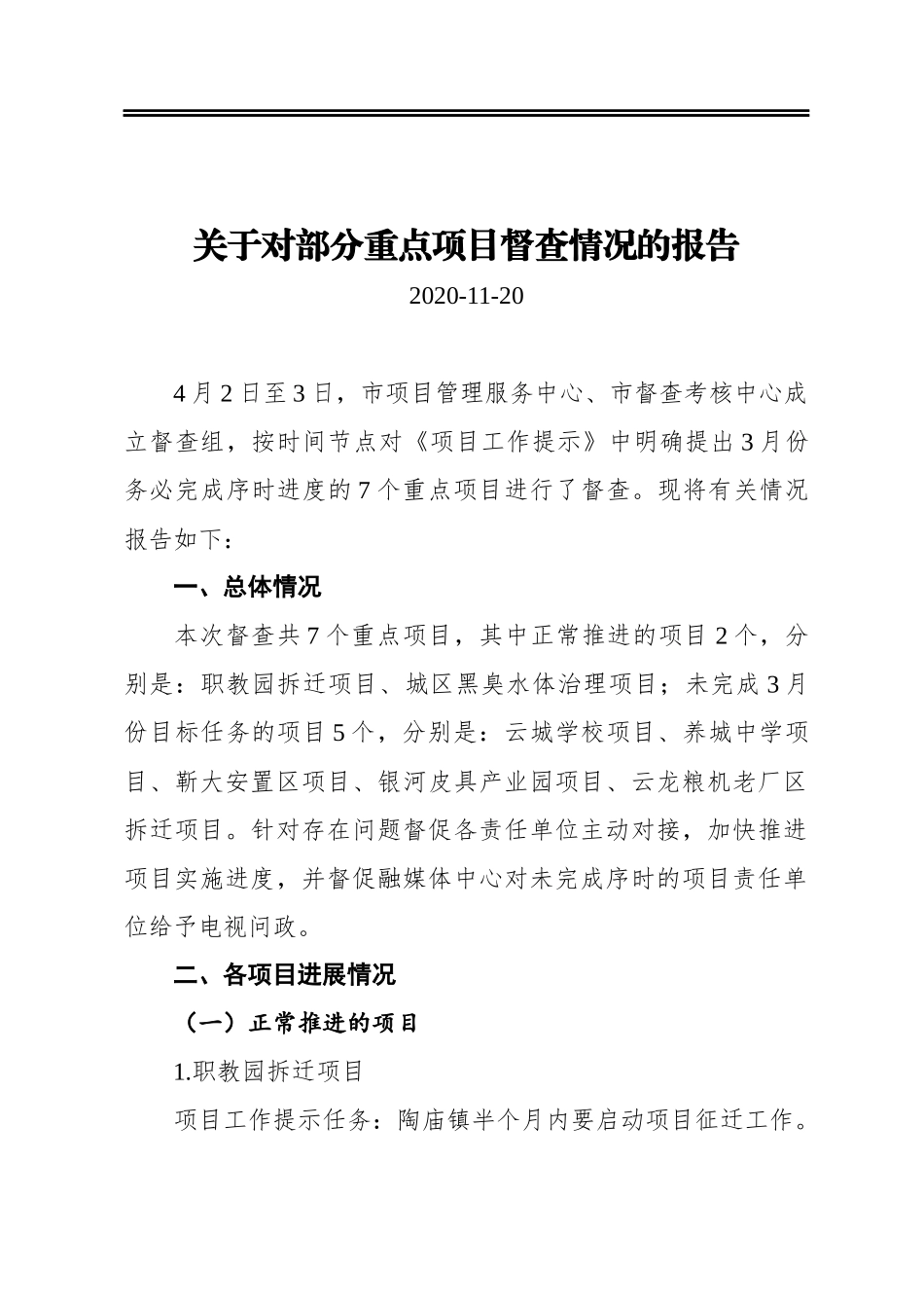 关于对部分重点项目督查情况的报告_第1页