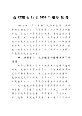 企业：县XX银行行长2020年述职报告