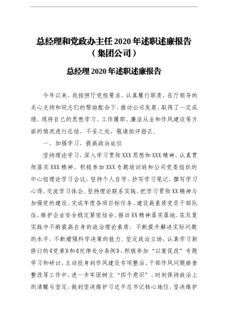 企业：总经理和党政办主任2020年述职述廉报告集团公司