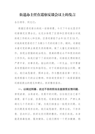 街道办主任在巡察反馈会议上的发言