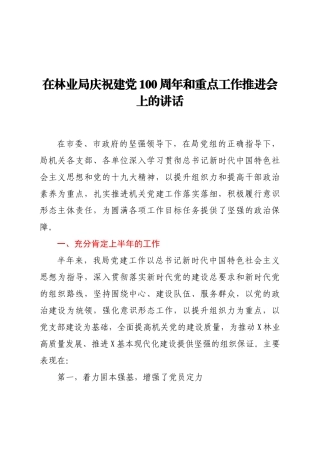 庆祝建党100周年和重点工作推进会上的讲话