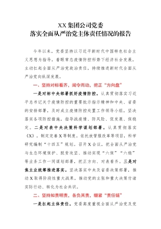 落实全面从严治党主体责任情况的报告