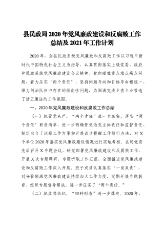 民政：X县民政局2020年党风廉政建设和反腐败工作总结及2021年工作计划（2020年，全县民政系统党风廉政和反腐败工作......）