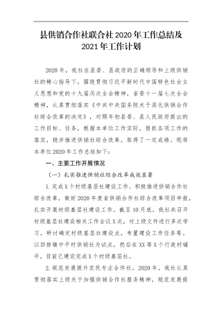 局机关：县供销合作社联合社2020年工作总结及2021年工作计划
