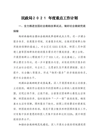 民政局2021年度重点工作计划