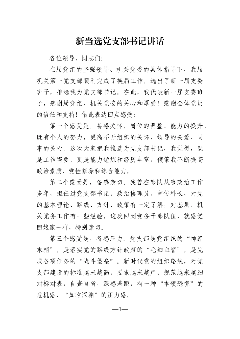 局机关：新当选党支部书记讲话_第1页