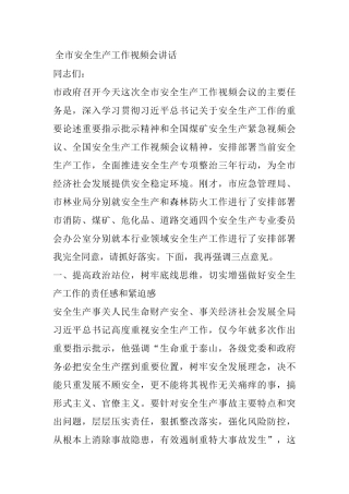 全市安全生产工作视频会讲话