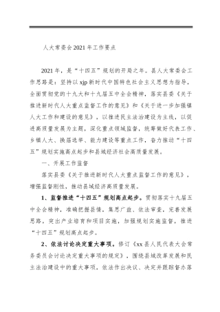 人大常委会2021年度重点工作计划