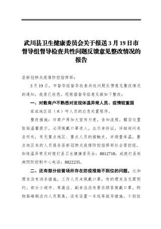 武川县卫生健康委员会关于报送3月19日市督导组督导检查共性问题反馈意见整改情况的报告
