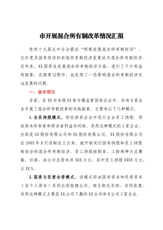 市开展混合所有制改革情况汇报