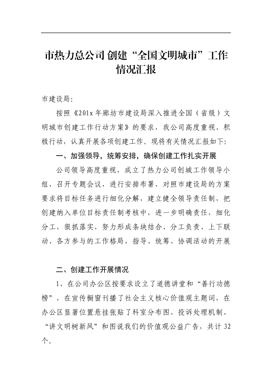 市热力总公司 创建“全国文明城市”工作情况汇报材料_第1页