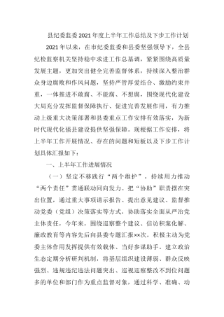 县纪委监委2021年度上半年工作总结及下步工作计划