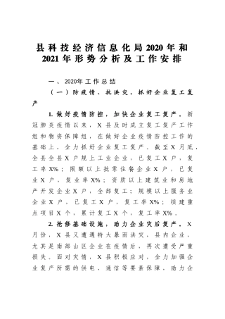 县科技经济信息化局2020年和2021年形势分析及工作安排