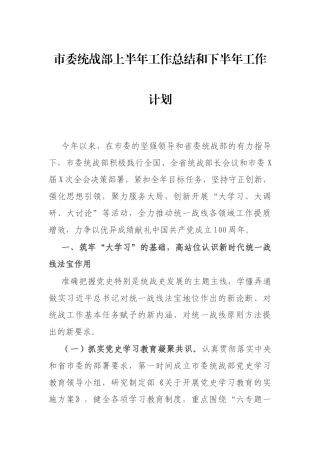 市委统战部上半年工作总结和下半年工作计划