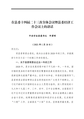 申君明：在县委十四届二十三次全体会议暨县委经济工作会议上的讲话