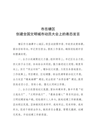 市岳塘区创建全国文明城市动员大会上的表态发言