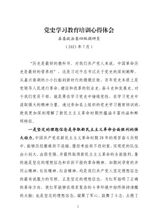 县委政法委四级调研员在党史学习研讨上的发言
