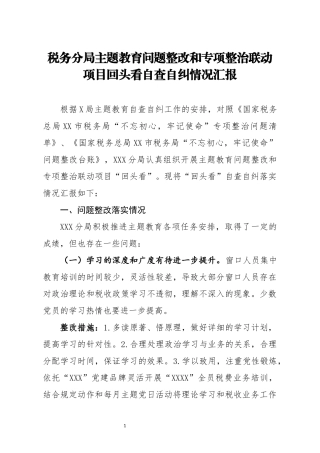 税务分局主题教育问题整改和专项整治联动项目回头看自查自纠情况汇报