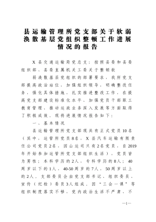 县运输管理所党支部关于软弱涣散基层党组织整顿工作进展情况的报告