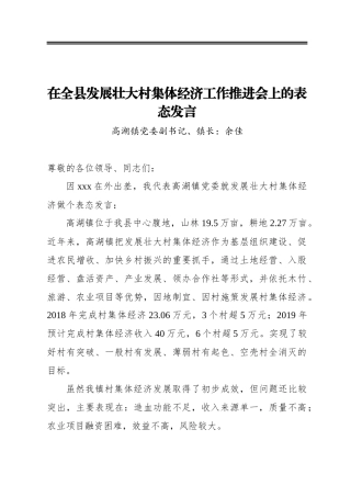 余佳：在全县发展壮大村集体经济工作推进会上的表态发言