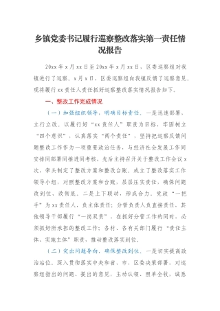乡镇党委书记履行巡察整改落实第一责任情况报告