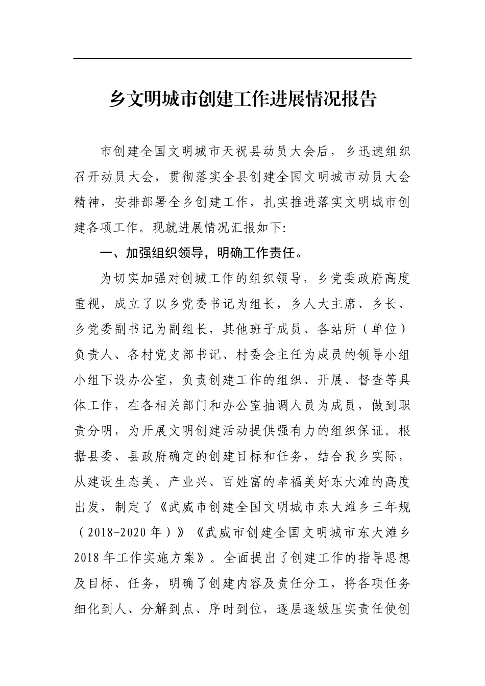 乡镇文明城市创建工作进展情况报告_第1页